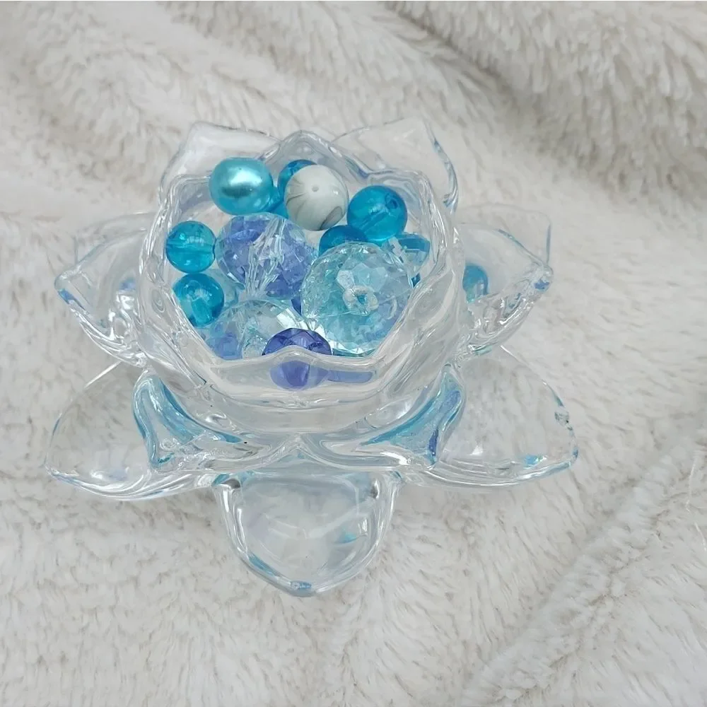 Lotus glass candle holders  with blue beads These are stunning! Pair of tabletop
